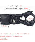 Close-up of black Adjustable 31.8mm MTB Bike Stem, 70 Degree Range Riser, 90mm length, aluminum alloy material, labeled dimensions