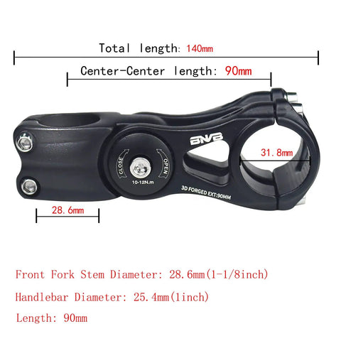 Close-up of black Adjustable 31.8mm MTB Bike Stem, 70 Degree Range Riser, 90mm length, aluminum alloy material, labeled dimensions