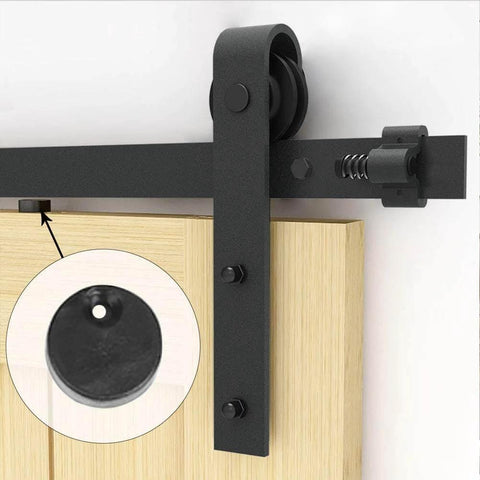 Close-up of Two Pack Black Barn Door Roller Hangers No Track J Shape Ultra Quiet Nylon Wheel on wooden sliding door.