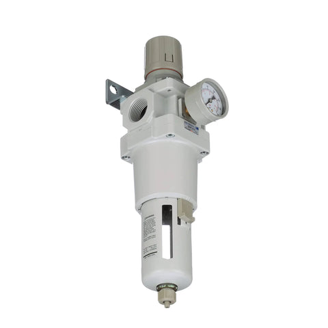 Saw600 N06BG compressed air filter regulator piggyback combo with poly bowl, manual drain, and gauge, 3/4 inch NPT front view