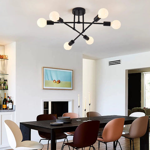 Dining room with Six Lights Sputnik Style Semi Flush Mount Ceiling Chandelier in black finish with E26 bulb base.