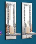 Fresh Beveled Silver Mirror Wall Candle Sconce Holder Set Of Two, Slick Crushed Diamond Design Decor For Cozy Living Room, Bedroom, Chic Home Setup, And Top Shelf Ambient Glow on blue wall.