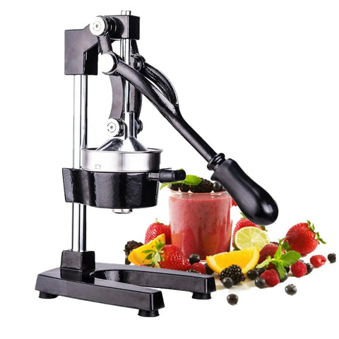 Cast Iron Manual Citrus Juicer Heavy Duty Orange Press Professional Bar Quality Hand Squeezer with fruits and smoothie.