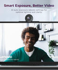 Straight Up 1080P HD Webcam With Kickass AI Noise Cancellation dual built in mics shows side-by-side video exposure comparison.