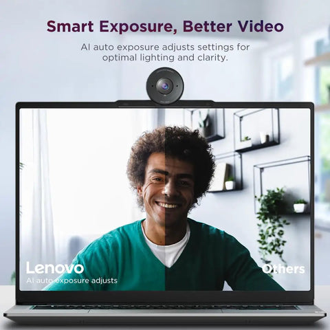 Straight Up 1080P HD Webcam With Kickass AI Noise Cancellation dual built in mics shows side-by-side video exposure comparison.