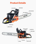 Heavy Duty Gas Chainsaw With 20 Inch Bar And 62cc Two Stroke Engine Delivers 3.8 HP Power Dual Fuel Tanks Non Slip Handle