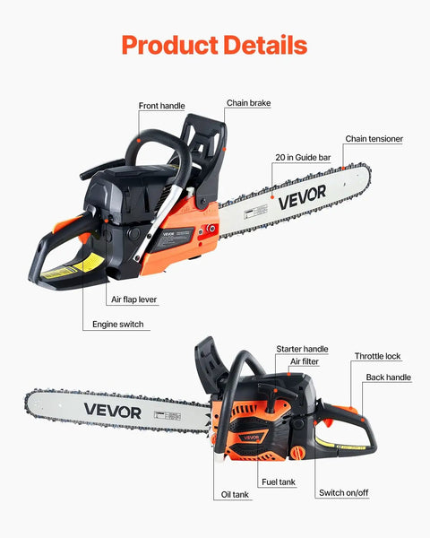 Heavy Duty Gas Chainsaw With 20 Inch Bar And 62cc Two Stroke Engine Delivers 3.8 HP Power Dual Fuel Tanks Non Slip Handle
