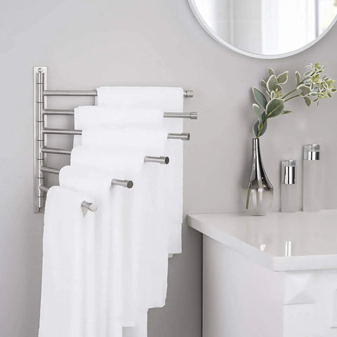 Six Arm Swing Out Towel Bar With Folding Arms, Wall Mounted Stainless Steel Rack in brushed finish holding towels