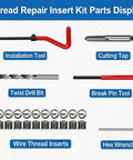 Thread Repair Insert Kit Parts including installation tool, cutting tap, twist drill bit, break pin tool, wire thread inserts, hex wrench.