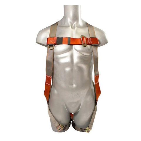 Fall Protection Full Body Harness Kit with 6 Ft Lanyard and Internal Shock Absorber on mannequin showing front design