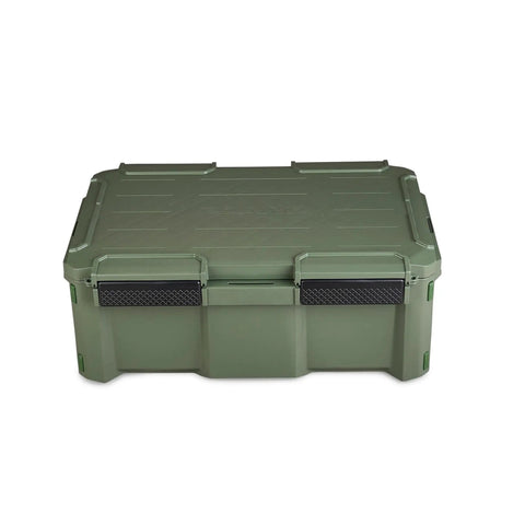 Front view of GoNow Box Waterproof Gear Storage Heavy Duty Outdoor Utility Container With Tray And Dividers Large Capacity Olive Drab