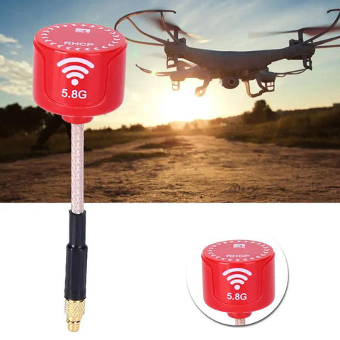 Red 5.8Ghz FPV Drone Antenna High Gain Bendable Directional For Steady Pro Grade Video Transmission With 100MHz Bandwidth MMCX Straight Connector Ideal For Race Drones in front of a flying drone