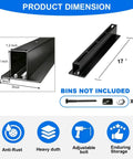 Diagram of a 17-inch black iron rail with screws for an Overhead Garage Storage Rack With 17 Inch Black Rails Heavy Duty Ceiling Mount Bin Holder For 7 To 27 Gallon Tote Bins Up To 350 Lbs Per Set 4 Pack Easy Garage Organization And Shelving System.