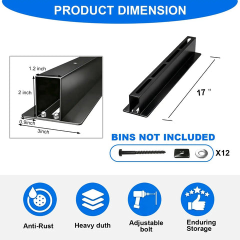Diagram of a 17-inch black iron rail with screws for an Overhead Garage Storage Rack With 17 Inch Black Rails Heavy Duty Ceiling Mount Bin Holder For 7 To 27 Gallon Tote Bins Up To 350 Lbs Per Set 4 Pack Easy Garage Organization And Shelving System.