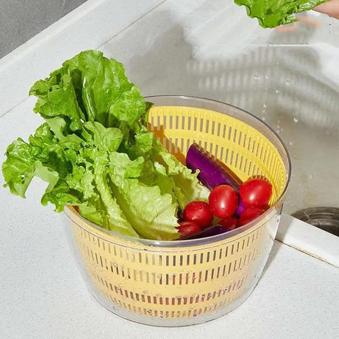No Sweat Electric Salad Spinner With Single Button Control For Swift Leafy Greens Washing And Thorough Fruit Vegetable Drying Generous Four Liter Capacity with lettuce and tomatoes.