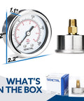 200 Psi Two Inch Dial Pressure Gauge With 1/4 NPT Back Mount Stainless Steel Case IP67 Waterproof shown with packaging