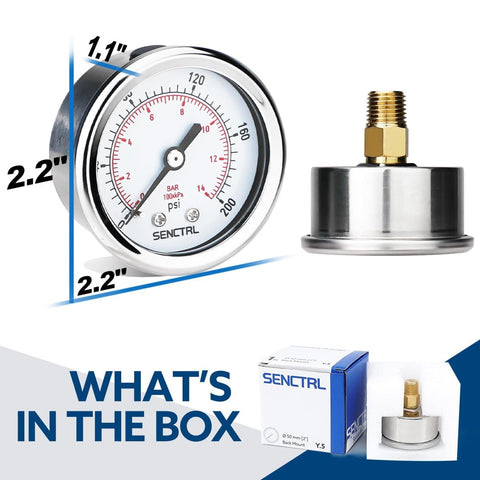 200 Psi Two Inch Dial Pressure Gauge With 1/4 NPT Back Mount Stainless Steel Case IP67 Waterproof shown with packaging