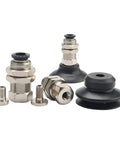 Top Notch Pak Series Pneumatic Rubber Sucker Cup Chuck For Industrial Vacuum Gripping with metal connectors and black rubber pads.