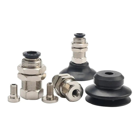 Top Notch Pak Series Pneumatic Rubber Sucker Cup Chuck For Industrial Vacuum Gripping with metal connectors and black rubber pads.