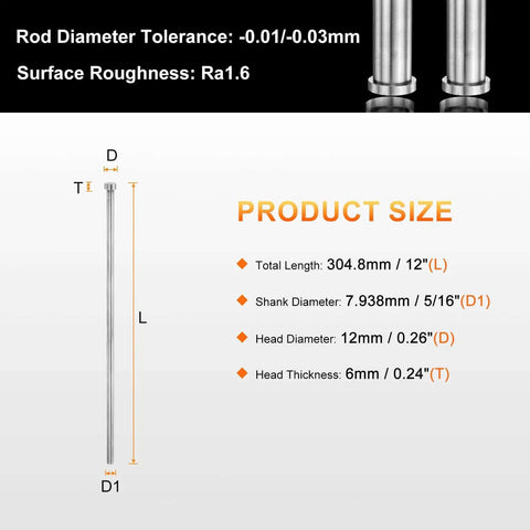 Two Pack Ejector Pins 5/16 Inch Diameter, 12 Inch Long Made From 65Mn Steel With Round Tips, product size and dimensions chart