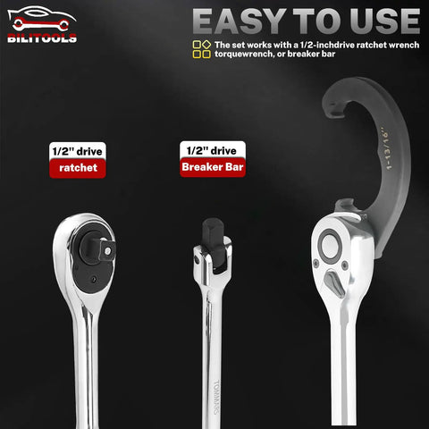 Five Piece Tie Rod Adjusting Tool Set For Steering Linkage Systems Protects Tie Rod Sleeves During Alignment Ensuring Precise Safer Front End Service Pro Grade, 1/2-inch drive ratchet and breaker bar