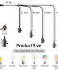 Product size guide for Plug In Pendant Light Kit With 1 To 4 E26 E27 Sockets Industrial Hanging Light showing cord lengths in inches.