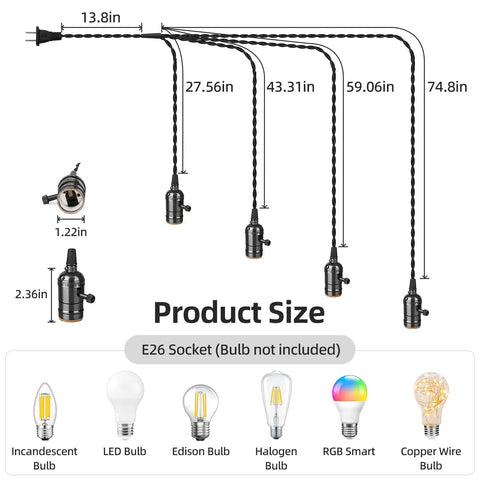 Product size guide for Plug In Pendant Light Kit With 1 To 4 E26 E27 Sockets Industrial Hanging Light showing cord lengths in inches.