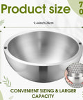 Party Ready Stainless Steel Double Wall Dip Chiller Bowl 70 Oz Water Cooled Serving Dish dimensions showing 9.44 inch size.