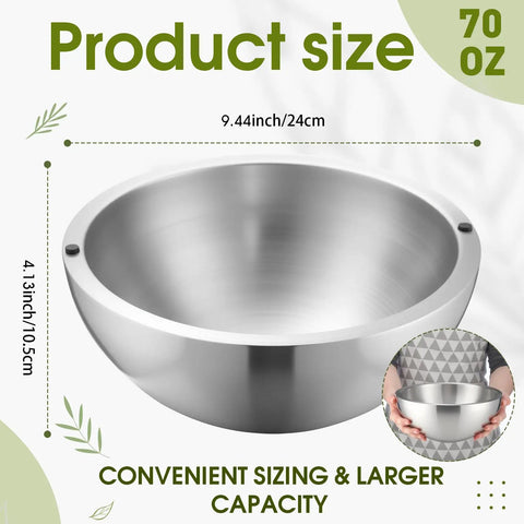 Party Ready Stainless Steel Double Wall Dip Chiller Bowl 70 Oz Water Cooled Serving Dish dimensions showing 9.44 inch size.