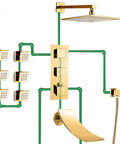 Top Shelf Gold Wall Mounted Bathroom Shower System With Thermostatic Temp Control 16 Inch Rainfall Head, gold finish.