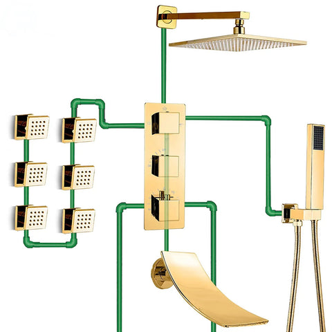 Heavy Duty Gold Thermostatic Shower System That Runs Flawless With 16 Inch Rainhead And Angled Handheld Sprayer wall mounted with waterfall tub spout.