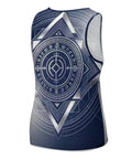 Men's Fly Slim Fit All Over Print Compression Tank Top Featuring Cold Tone Mechanical Square Tech Design And Breathable Moisture Wicking Fabric For Gym Grinds, back view showcasing the geometric print.