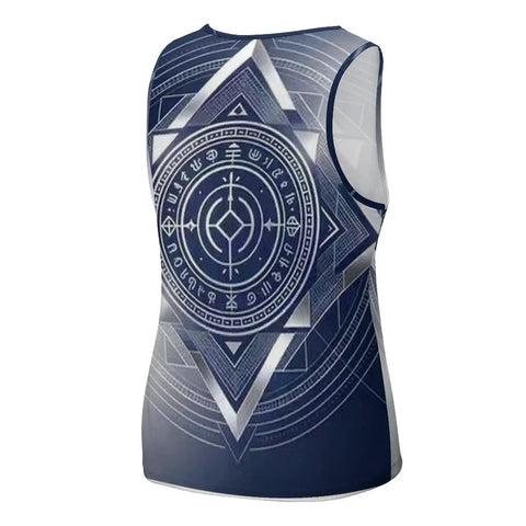 Men's Fly Slim Fit All Over Print Compression Tank Top Featuring Cold Tone Mechanical Square Tech Design And Breathable Moisture Wicking Fabric For Gym Grinds, back view showcasing the geometric print.