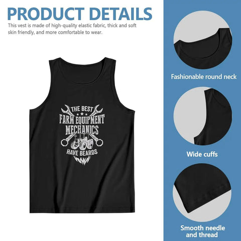 Mens Soft Cotton Muscle Tank Featuring Bearded Farm Mechanic Graphic, sleeveless black tee with round neck and wide cuffs.
