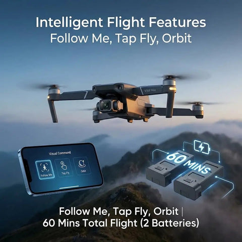4K GPS Drone With 4.5 Inch HD Controller Screen hovering over landscape with intelligent flight features displayed