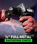 Close-up of 24V Brushless Cordless One Half Inch Drill Driver Kit With Turbo Mode And 1400 In Lbs Torque 2 Speed Includes 2.5Ah And 5.0Ah Lithium Batteries And 160W Fast Charger in hand showing full-metal ratcheting chuck