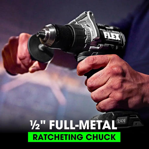 Close-up of 24V Brushless Cordless One Half Inch Drill Driver Kit With Turbo Mode And 1400 In Lbs Torque 2 Speed Includes 2.5Ah And 5.0Ah Lithium Batteries And 160W Fast Charger in hand showing full-metal ratcheting chuck