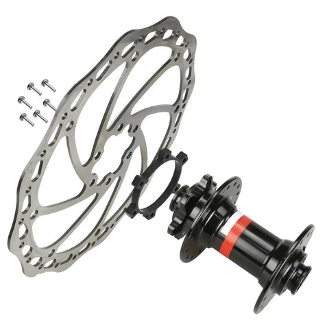 Boost Hub Conversion Adapter For Front And Rear Wheels, Converts 100mm By 15mm To 110mm By 15mm Or 142mm By 15mm To 148mm, Aluminum Alloy, 6 Hole, Spacers And Screws Included, shown with rotor.
