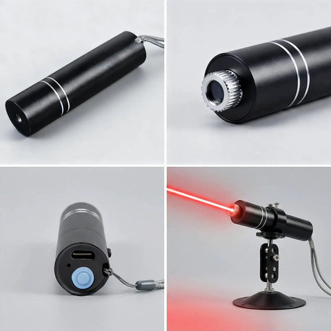 Four-view photo of Three Head Red Laser Level with 2M Charger, 650nm cross and linear laser generator, mounted on base