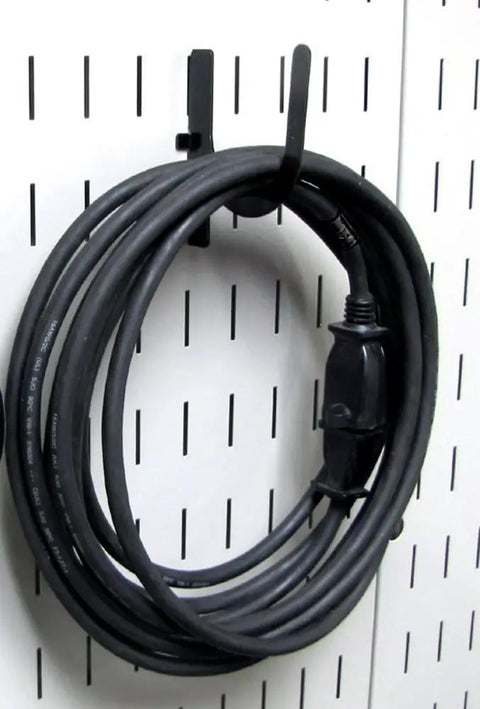 Slotted Tool Board Workstation Accessory Kit For Pegboard Black Secure Hook Engagement with coiled cable in black finish