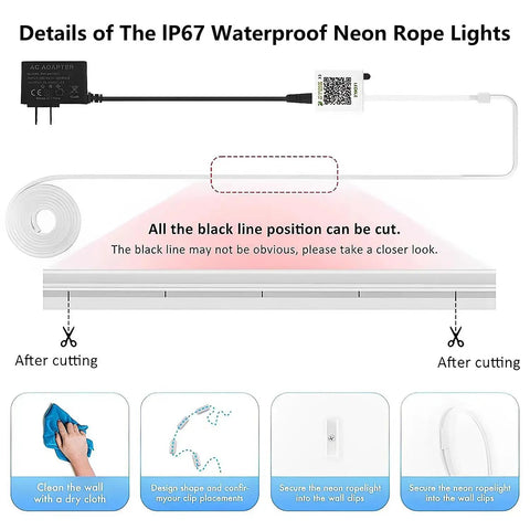 Details of Neon Rope Lights 50Ft RGB LED Strip IP67 Waterproof DIY Design Friendly Music Sync with cut, clean, and secure options