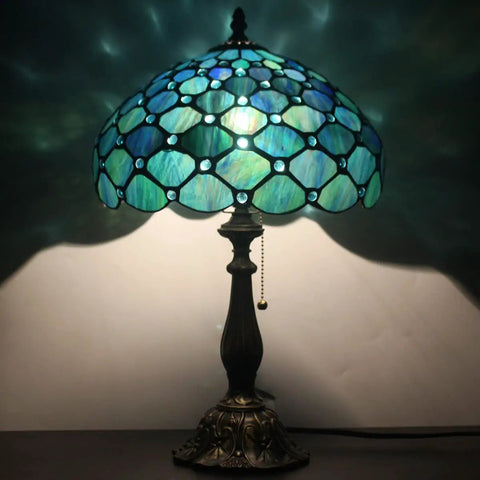 Sea Blue Pear Stained Glass Shade Tiffany Style Table Lamp With 12 Inch Wide 19 Inch Tall Antique Bronze Base UL Listed Reading Light
