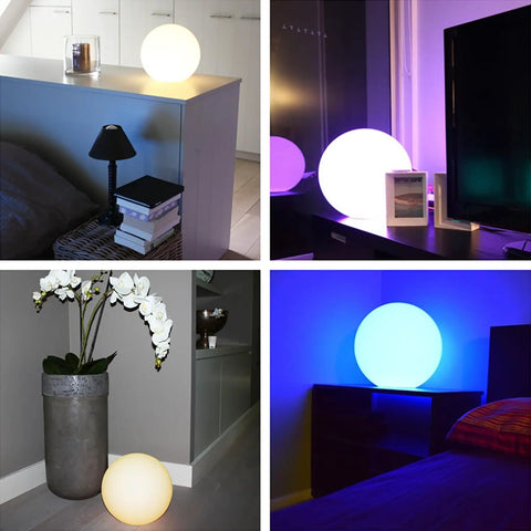 Ultra Fun Waterproof 10 Inch RGB LED Ball Light Orb With Remote Control showcasing different lighting colors indoors.