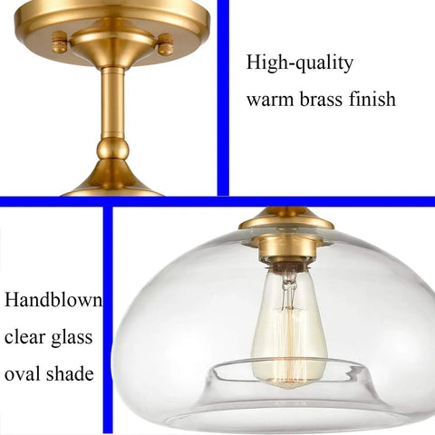Modern Brass Semi Flush Mount Ceiling Light With Clear Glass Globe Farmhouse Gold fixture details with brass and glass finish