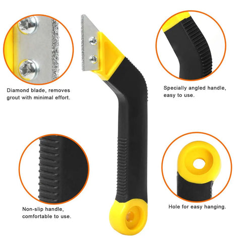 Close-up of Grout Removal Tool Kit With Angled Saw Blade And 3 Extra Replacement Blades No Fuss Grout Ripper in Bright Yellow