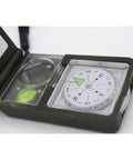 Survival Compass Kit For Camping And Hiking With Thermometer Hygrometer Led Light Whistle Ruler Magnifier Spirit Level Reflector And Multi Function Tools For Off Grid Backcountry Adventures, showing open compass with magnifier