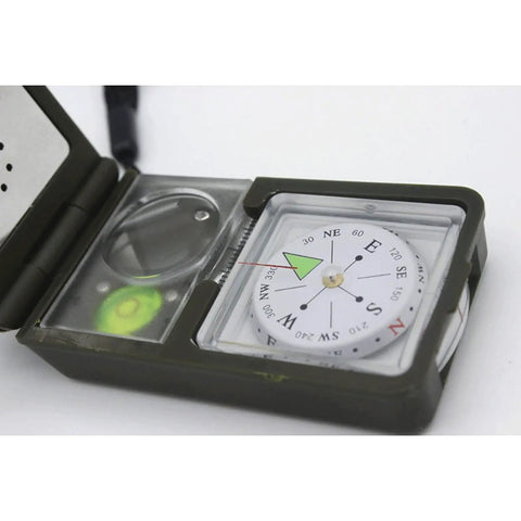 Survival Compass Kit For Camping And Hiking With Thermometer Hygrometer Led Light Whistle Ruler Magnifier Spirit Level Reflector And Multi Function Tools For Off Grid Backcountry Adventures, showing open compass with magnifier