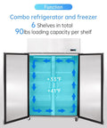 Heavy Duty Commercial Upright Freezer Stainless Steel Two Door Reach In Cooler 36 Cubic Foot Capacity with six shelves and loading capacity per shelf.