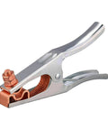 Heavy Duty Five Hundred Amp Fifteen Foot Two Gauge Pure Copper Ground Clamp Cable gripping mechanism with steel jaw and copper contact.