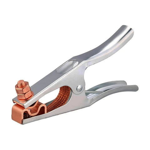 Heavy Duty Five Hundred Amp Fifteen Foot Two Gauge Pure Copper Ground Clamp Cable gripping mechanism with steel jaw and copper contact.